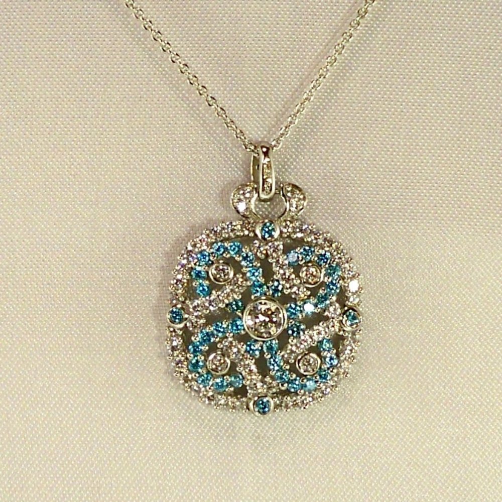 NEW Blue Cubic Zirconias Bezel Silver DESIGNER Necklace